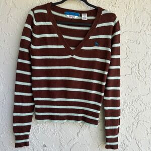 Pout‎ Vintage Y2K Angora Striped V-Neck Sweater Brown Mint Green Women Small